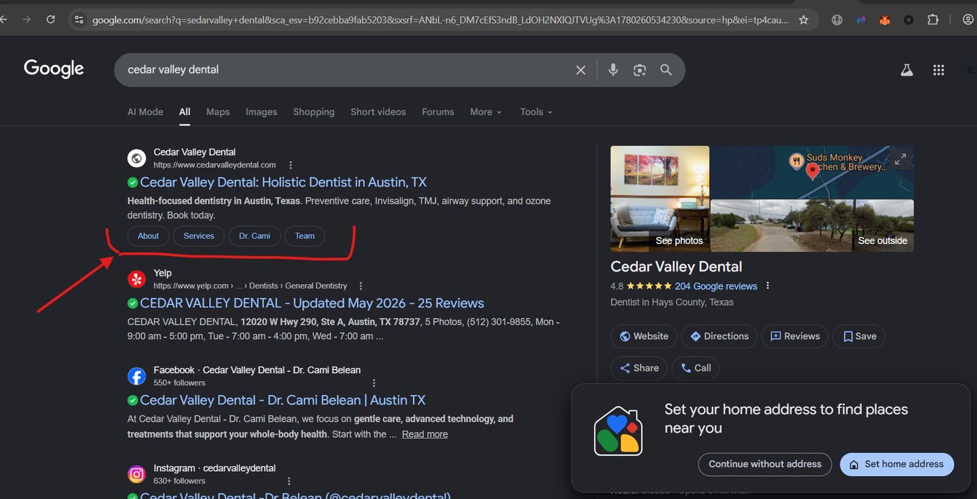 Google search results for 'cedar valley dental' showing the practice ranking #1 with four auto-generated sitelinks under the result (About, Services, Dr. Cami, Team), with the Yelp listing now in second place.